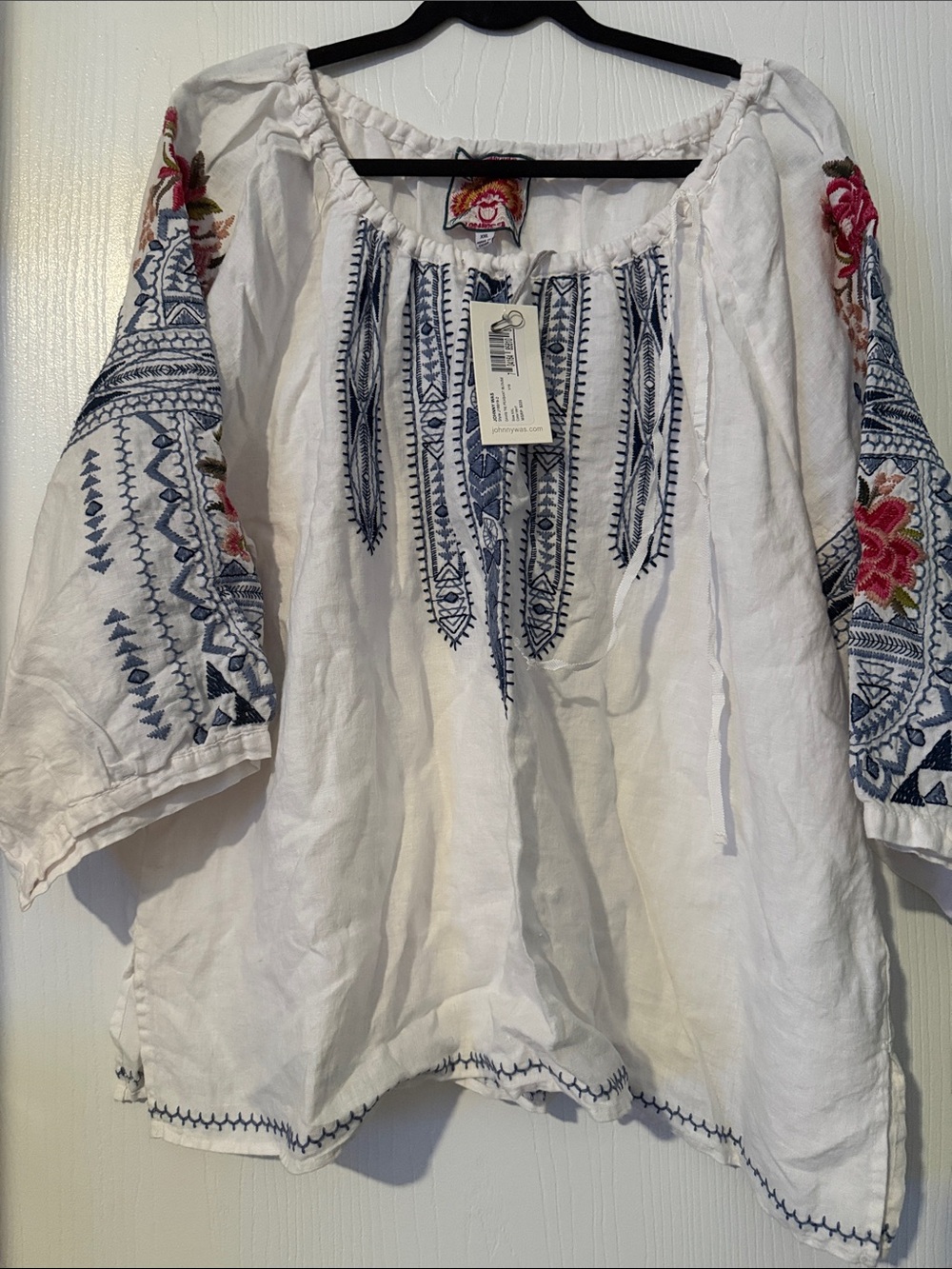 Johnny Was White Linen Peasant Blouse with Navy Embroidery & Pink Floral Sleeves